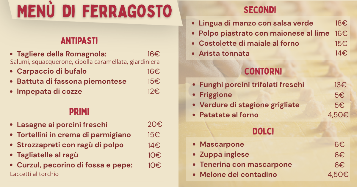 Menù di Ferragosto della Trattoria La Romagnola